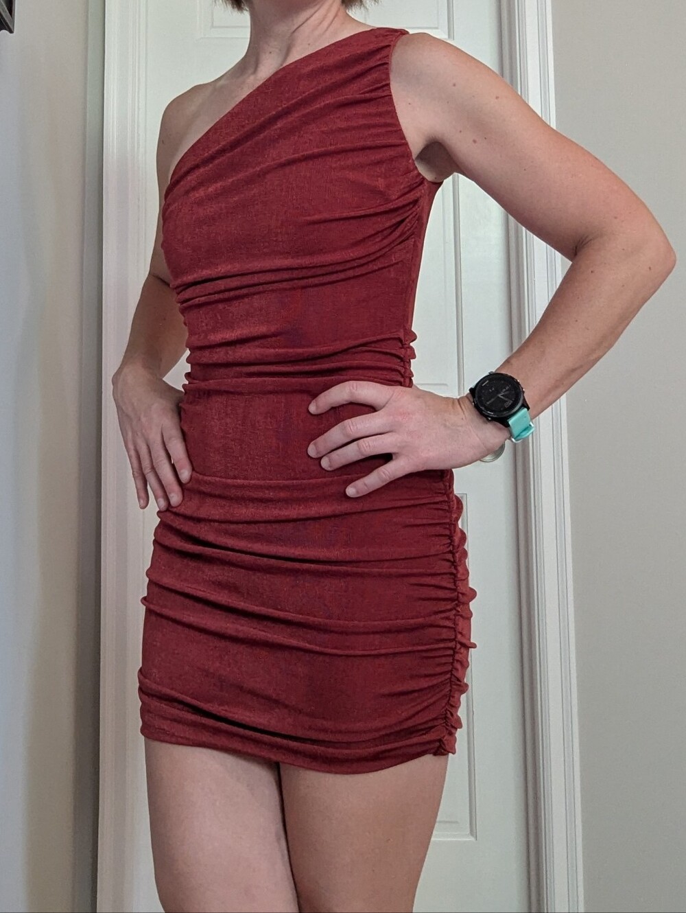 Lucy in the Sky One-Shoulder Ruched Dress - Brick Red